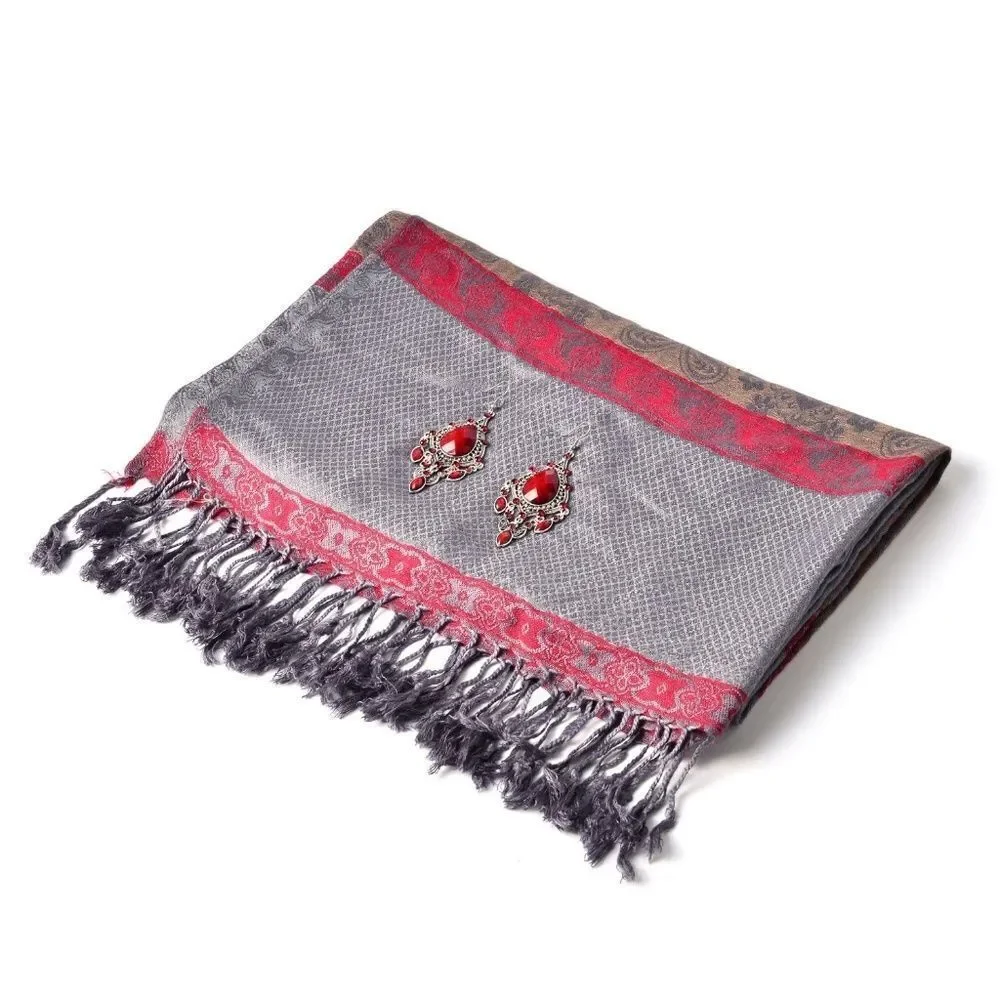 Scarf and Earrings Set Gray and Red